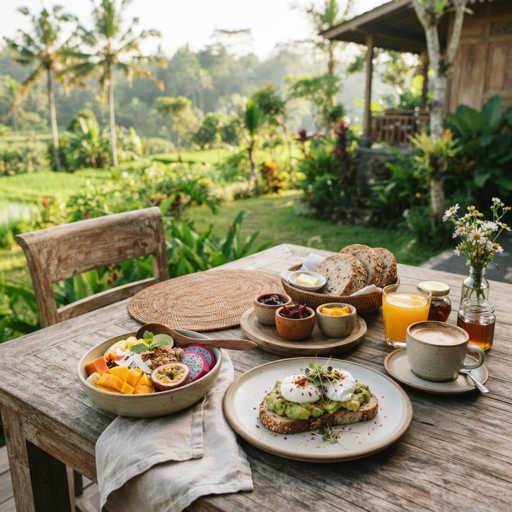 Hidangan sarapan tempatan di atas meja kayu di luar rumah