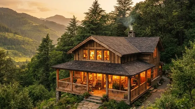 Homestay kayu di kaki bukit ketika senja