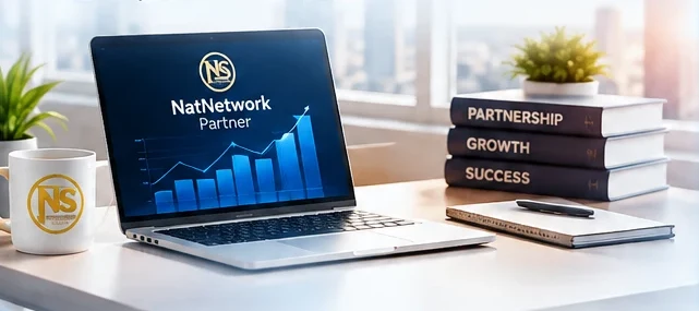 Komputer riba NatNetwork Partner di atas meja dengan buku Partnership, Growth, Success